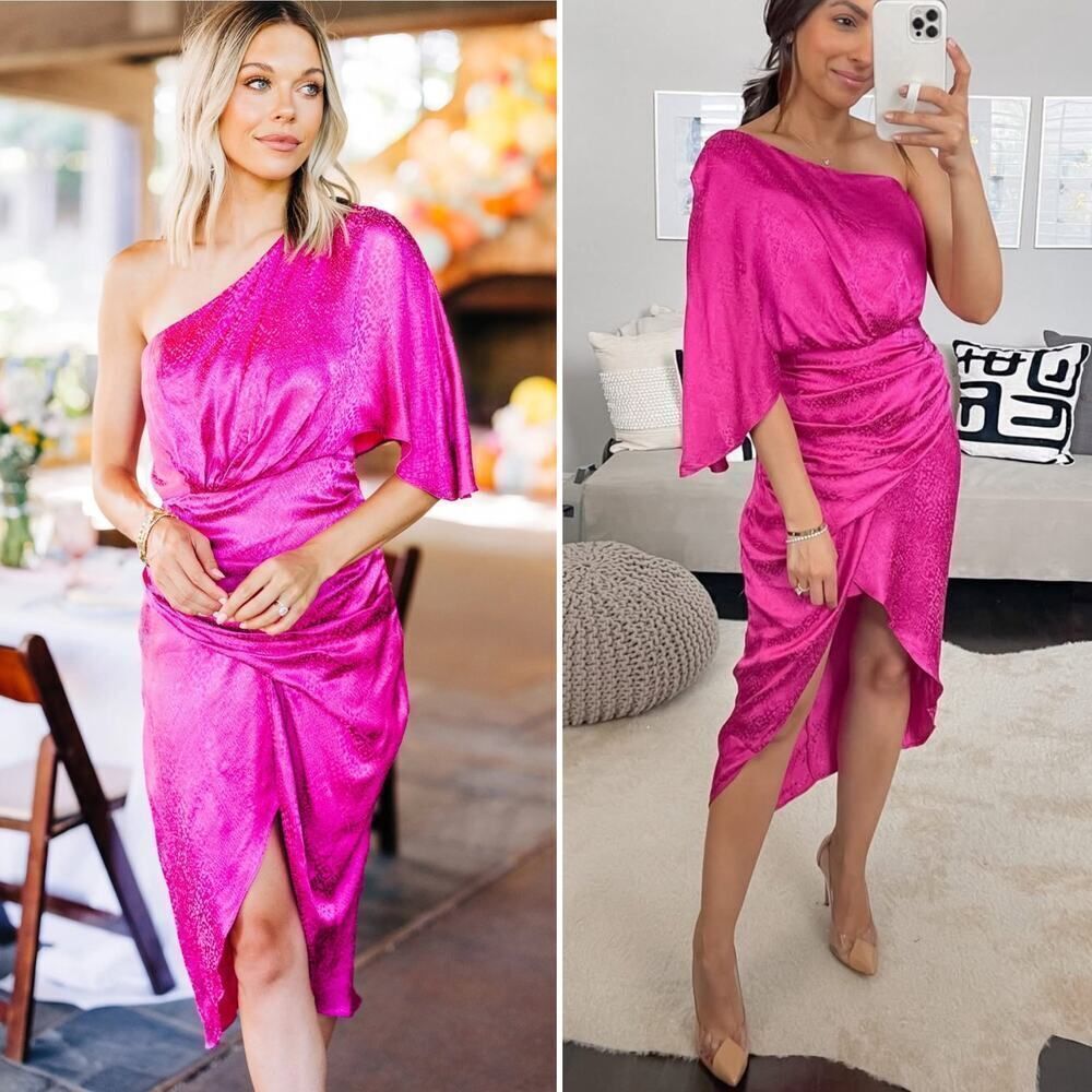 DO+BE Hot Pink One Shoulder Asymmetrical Satin Midi‎ Cocktail Dress Size Small